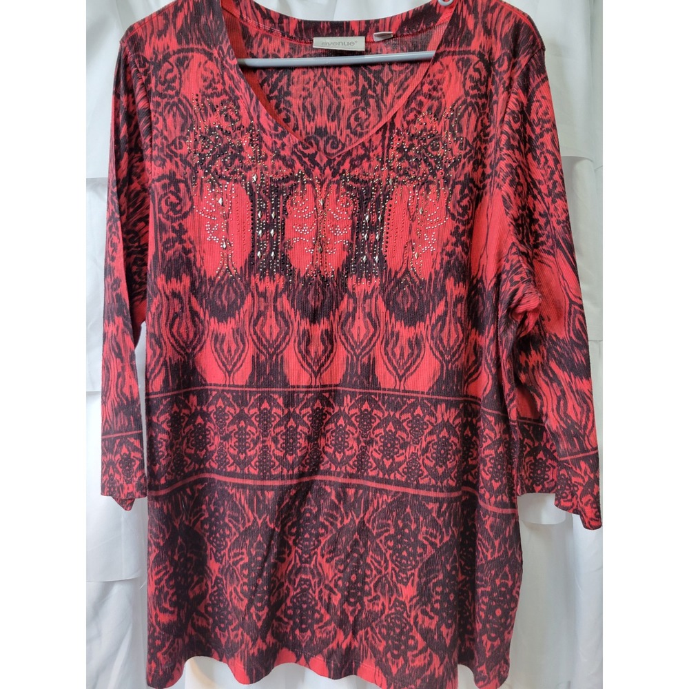 Avenue Red Black Ikat Damask Rhinestone Embellished V-Neck 14/16 3/4 Sleeve 1906